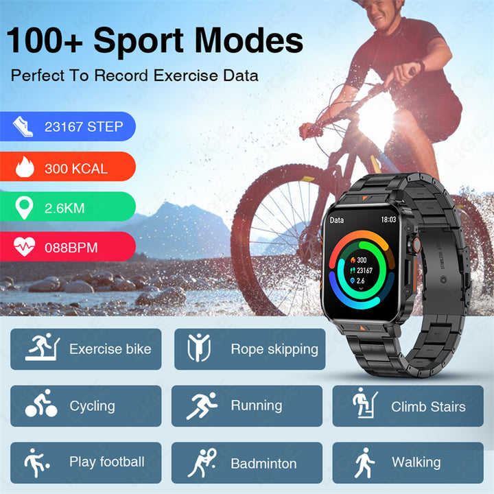 Premium Outdoor Military Smartwatch for Men - Bluetooth Calling, IP68 Waterproof, 100+ Sports Modes, 1.95-inch Display, Heart