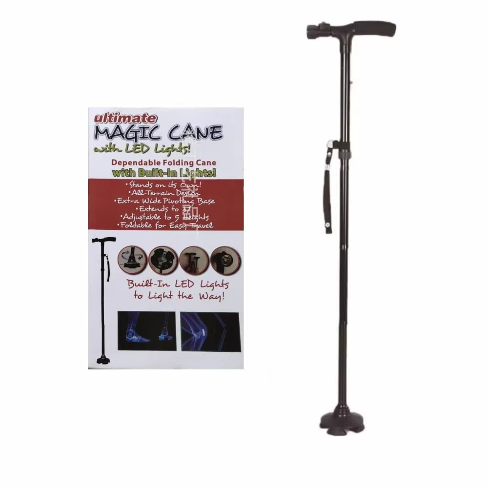 Premium Collapsible Telescopic Elder Cane – LED Walking Stick, Adjustable Folding Crutch for Seniors, Shock Absorber System, Anti-Skid, Lightweight, T-Handle, 4-Legged Stability, Durable Aluminum Alloy - StrengthXPhysiotherapy