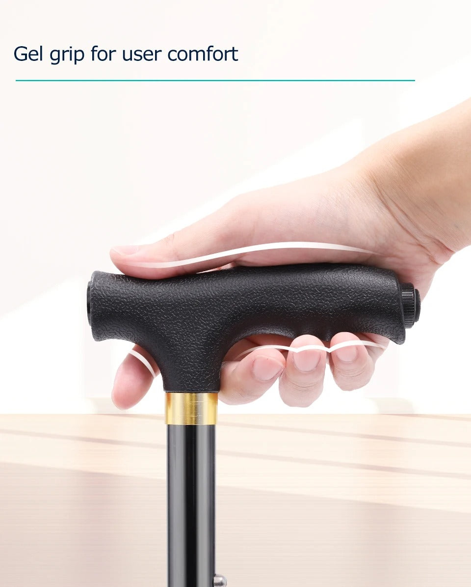 Premium Collapsible Telescopic Elder Cane – LED Walking Stick, Adjustable Folding Crutch for Seniors, Shock Absorber System, Anti-Skid, Lightweight, T-Handle, 4-Legged Stability, Durable Aluminum Alloy - StrengthXPhysiotherapy