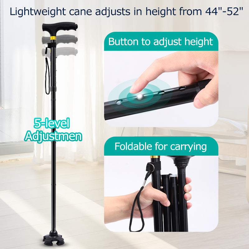 Premium Collapsible Telescopic Elder Cane – LED Walking Stick, Adjustable Folding Crutch for Seniors, Shock Absorber System, 