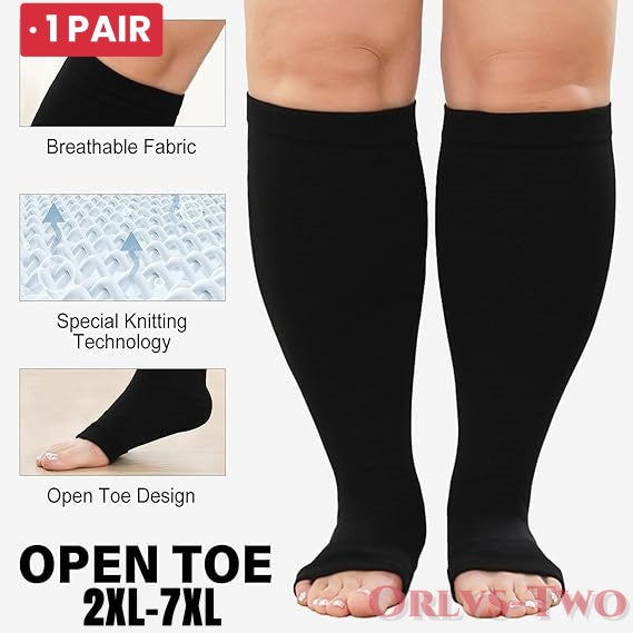 Premium Plus Size Compression Socks for Women & Men – 20-30mmHg Graduated Support – Open Toe, Toeless, Wide Calf – Medical
