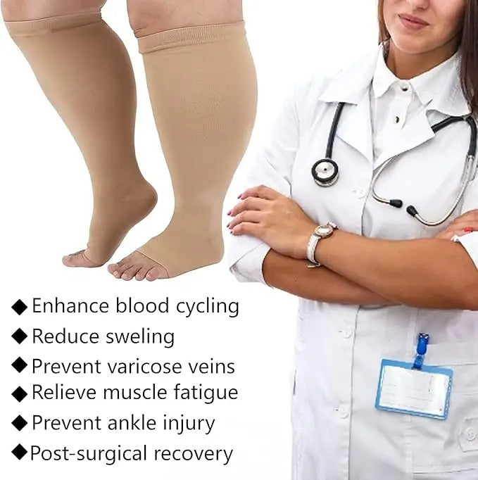 Premium Plus Size Compression Socks for Women & Men – 20-30mmHg Graduated Support – Open Toe, Toeless, Wide Calf – Medical & Travel - StrengthXPhysiotherapy