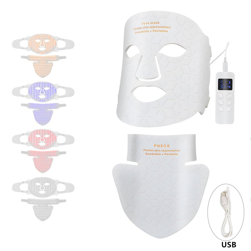 Premium Silicone LED Facial Mask with Neck Coverage - 4 Colors Photon Light Therapy, 168 LED Beads, Anti-Aging, Acne 