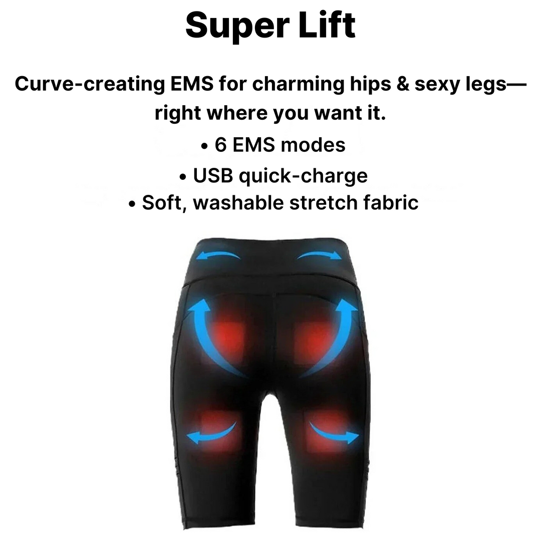 Black shorts with EMS technology on a white background, featuring text about the product's features.