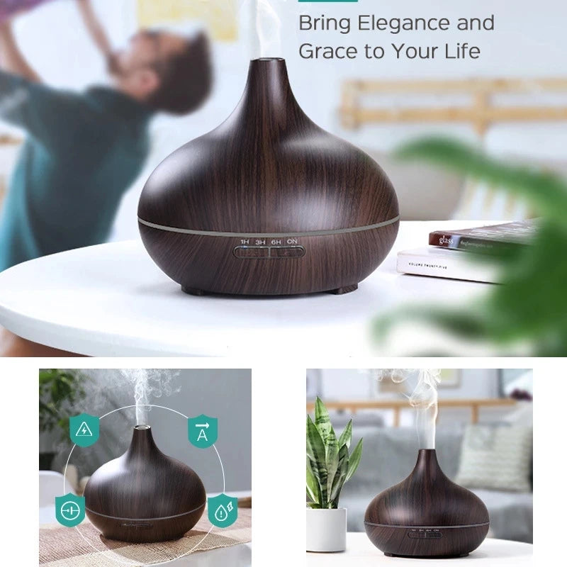 Premium 550ml Wood Grain USB Aroma Diffuser, Essential Oil Humidifier with 7 LED Colors & Remote Control