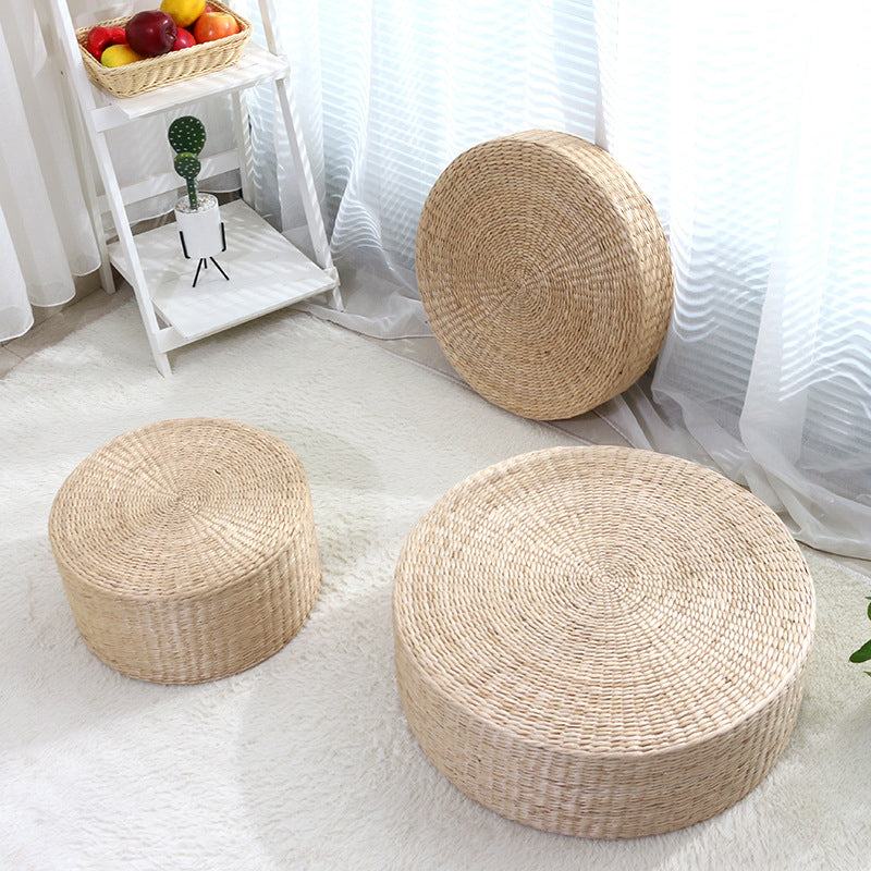 Premium Natural Straw Round Pouf – Handwoven Tatami Sitting Cushion for Living Room, Meditation & Worship – Eco-Friendly