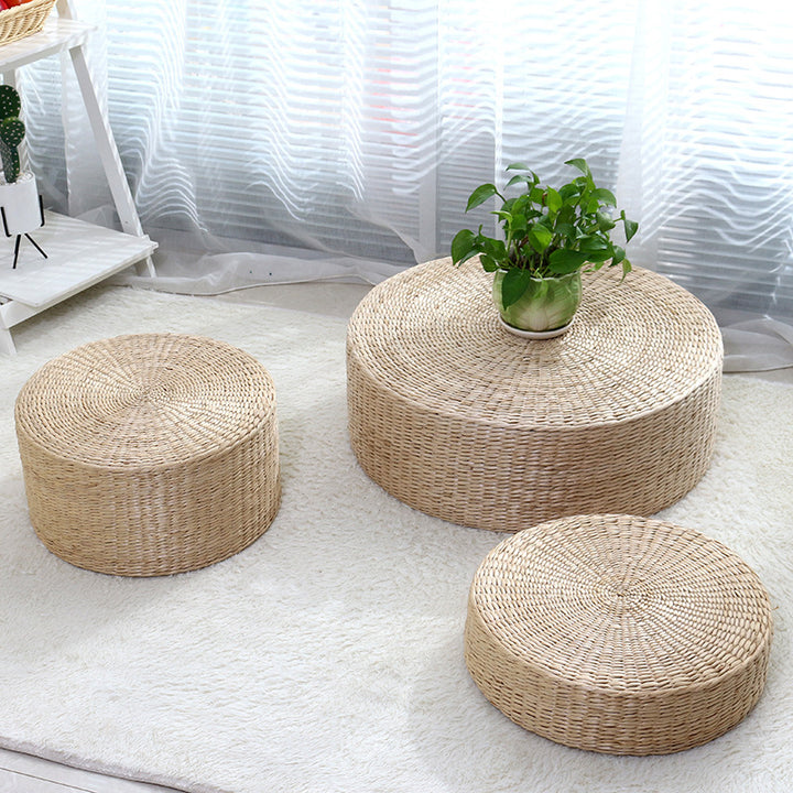 Premium Natural Straw Round Pouf – Handwoven Tatami Sitting Cushion for Living Room, Meditation & Worship – Eco-Friendly