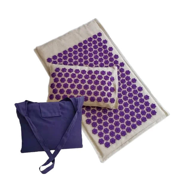 Premium Coconut Palm Acupressure Yoga Mat Set – 74x44cm Nature Linen Cushion & Pillow for Relaxation – Lightweight, Portable, with Canvas Bag – Available in Light Blue, Purple, Green, Dark Purple - StrengthXPhysiotherapy